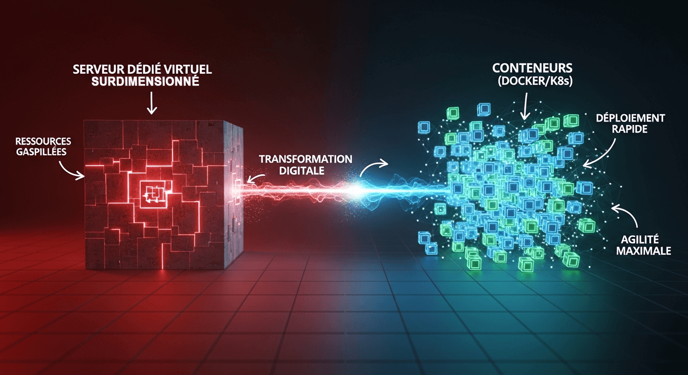 Infographie comparant un serveur dédié virtuel surdimensionné et inefficace avec la gestion agile des ressources par la conteneurisation (Docker et Kubernetes)